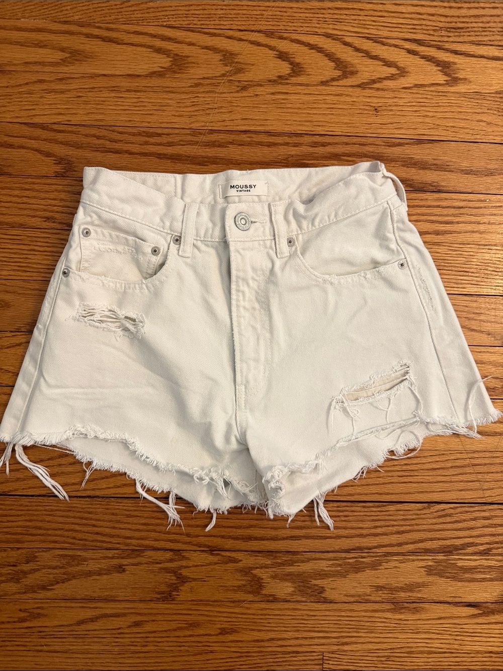 MOUSSY White Distressed High-Rise Cutoff Denim Shorts